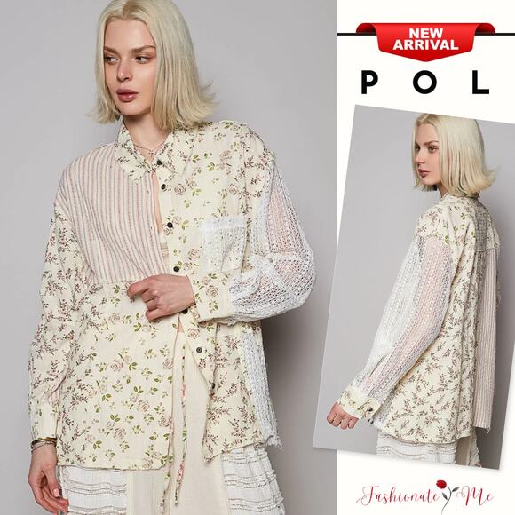 POL Lace Patchwork Floral Print Long Sleeves Button-Up Oversized Shirt | Natural - Picture 1 of 6